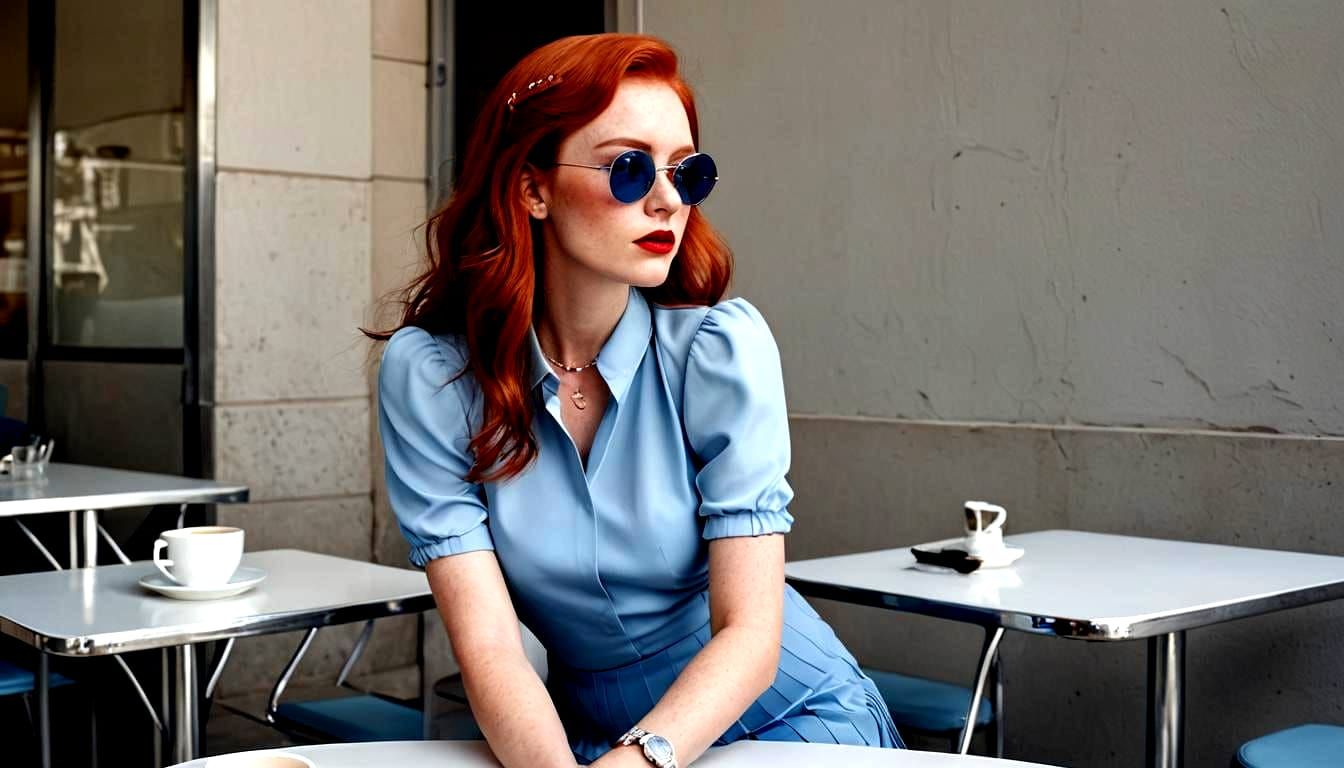 Retro-Futuristic Woman at Café in Pop Art Style