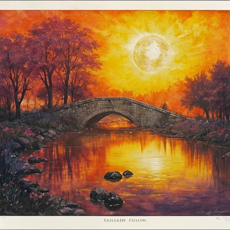 Dramatic Celestial Event at Swampy River in Watercolor Style