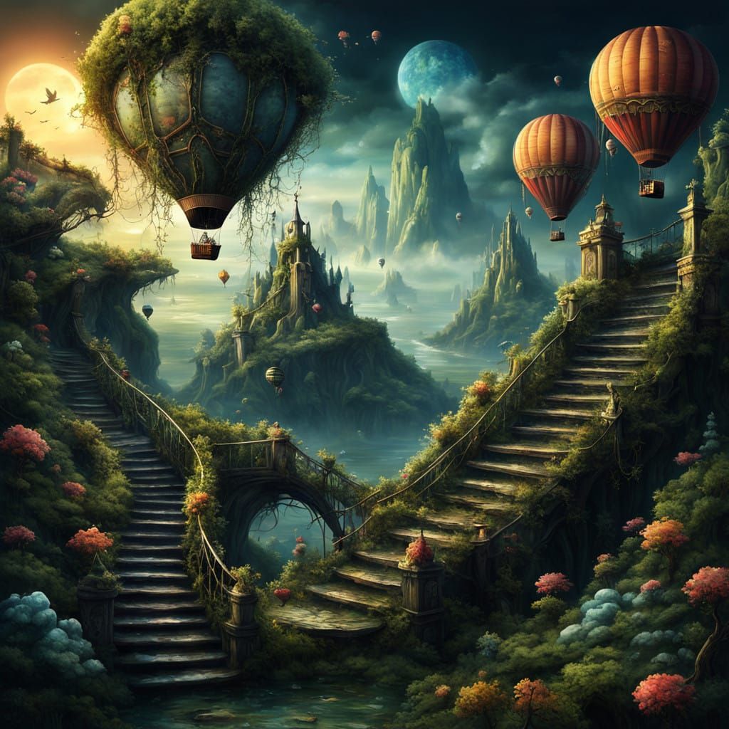 Surreal Fantasy Hot Air Balloon in a Dream Landscape