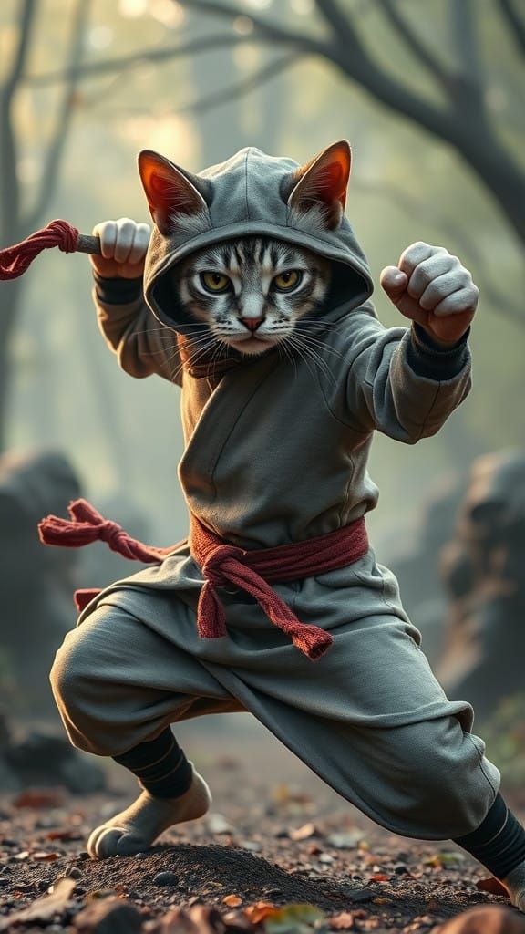 Epic Cat Ninja in Stealthy Fighting Stance