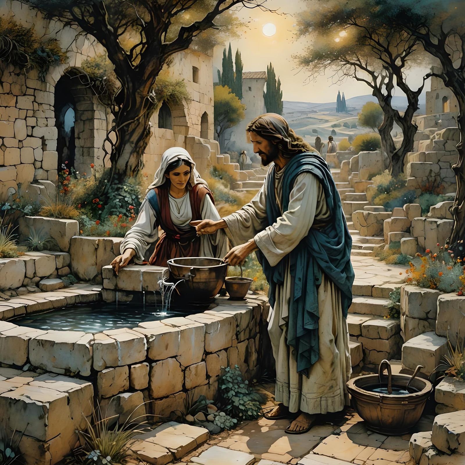 Jesus and Woman at Well in Hyperdetailed Style
