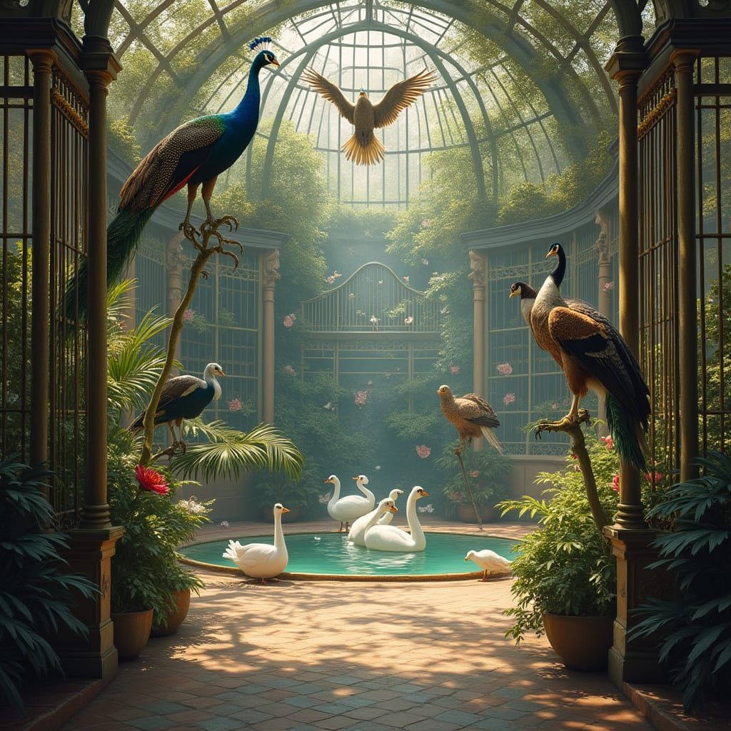 Ornate Aviary with Exotic Birds and Water Feature