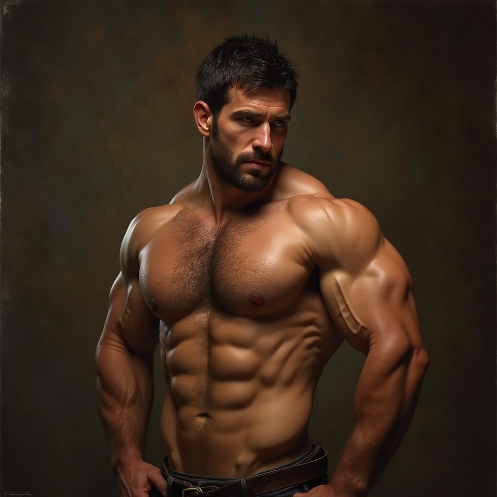 Confident Hero with Muscular Build and Dark Chest Hair