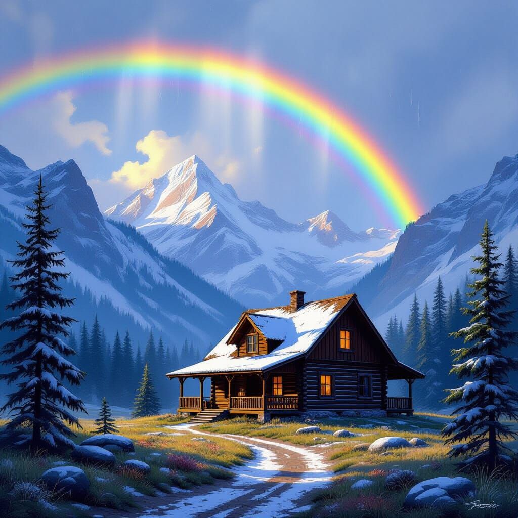 Majestic Rainbow Over Wilderness Cabin with Snowy Mountains