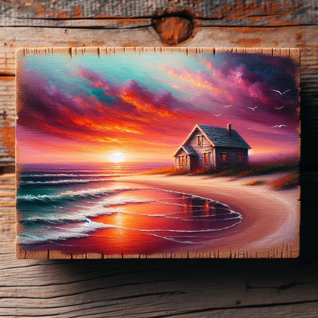 Beach House Sunset Painting on Wood