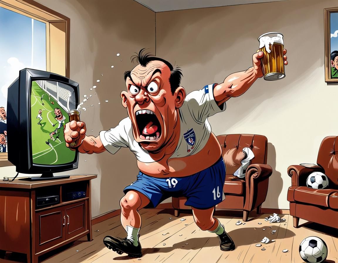 Humorous Cartoon of Angry Man Throwing Beer