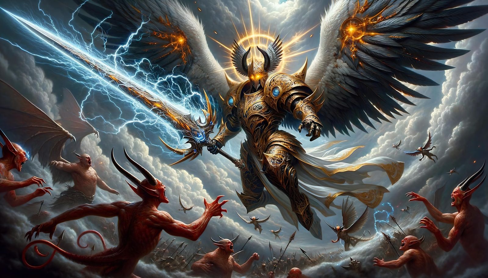 Justicator in Aerial Battle Against Chaotic Demon