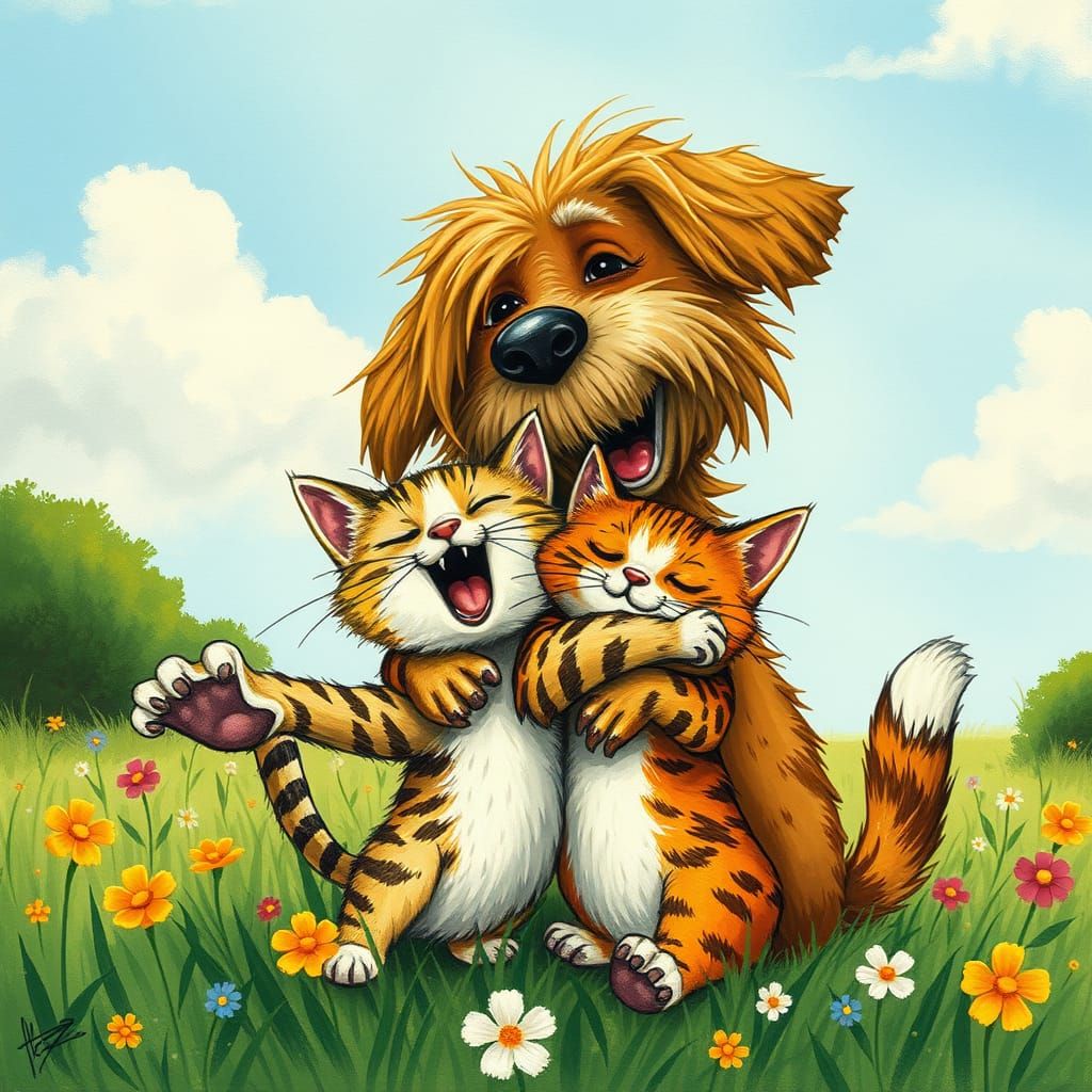Whimsical Dog and Cat Embracing in a Vibrant Children's Book...
