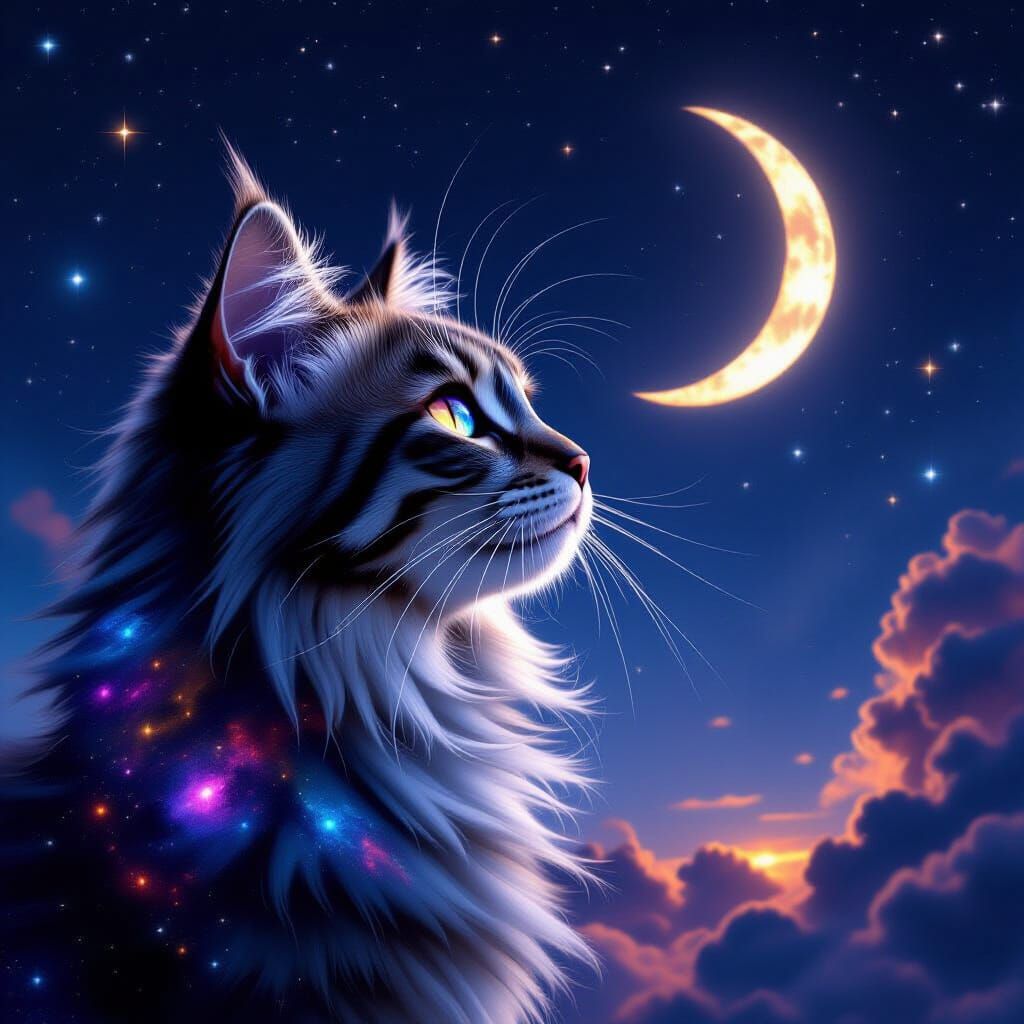 Cosmic Cat Nebula Fur Crescent Moon Fantasy Art