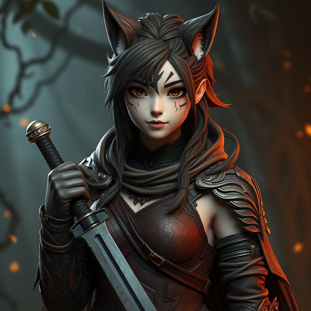 Half-Werewolf Girl Warrior in Dark Fantasy Style