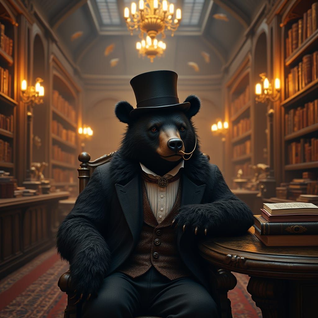 Refined Black Bear in Grand Library with Magical Artifacts