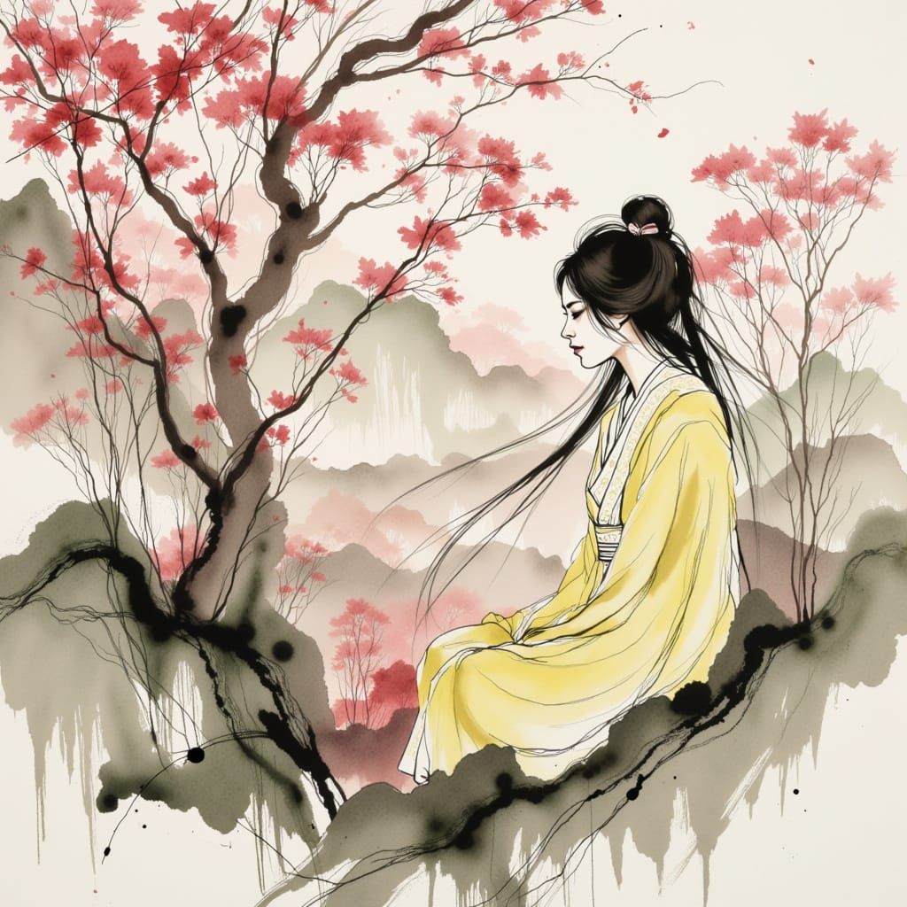 Magical Sakura Springscape Chinese Ink Painting