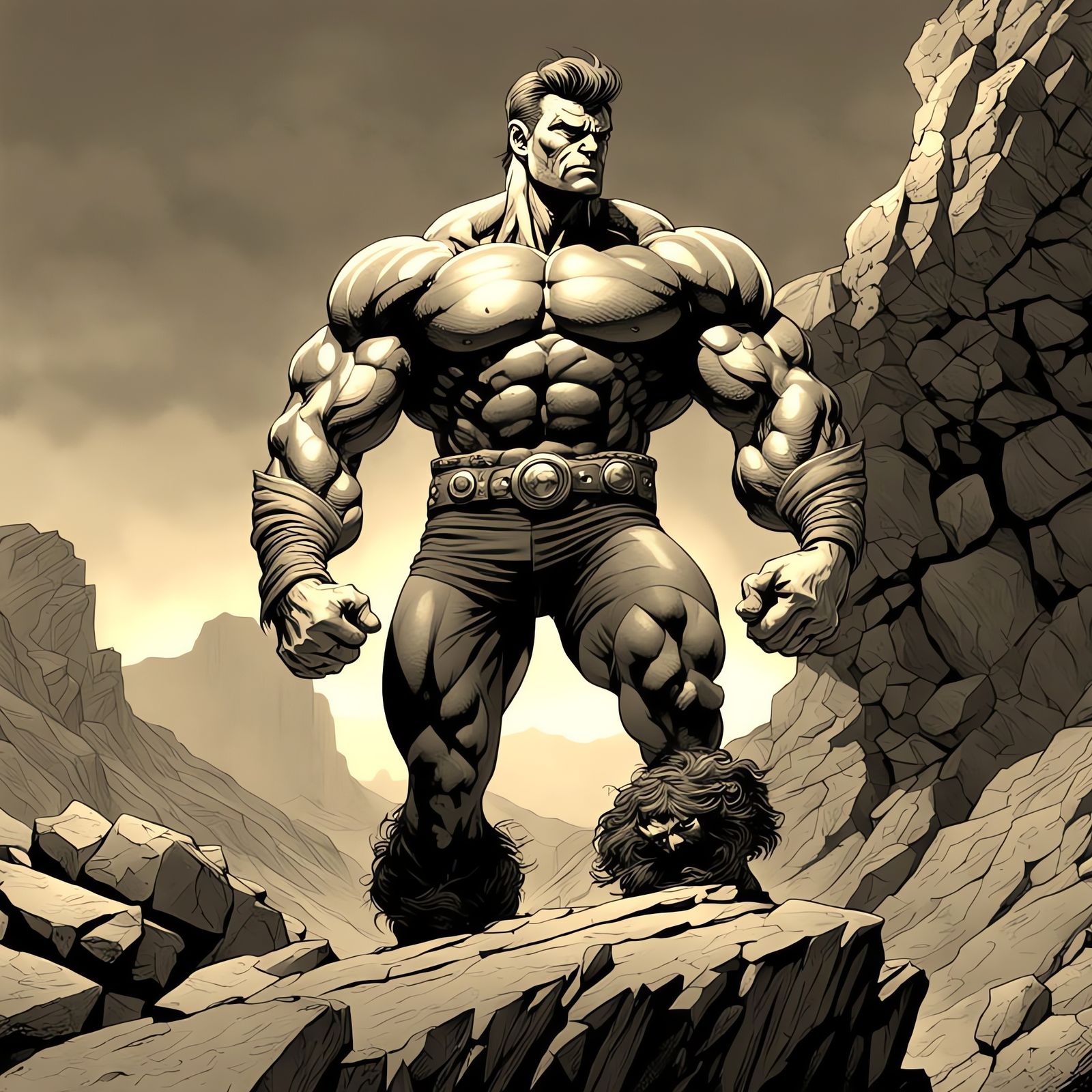 Muscular Hero on Rocky Cliff in Comic Art Style