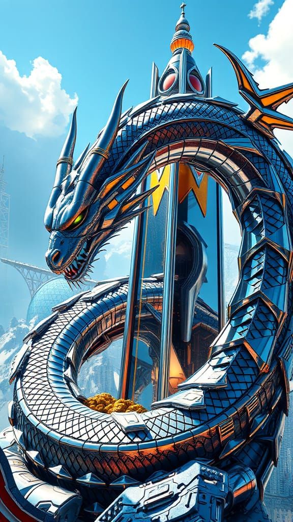 Cyberpunk Chrome Dragon Coils Around Futuristic Tower