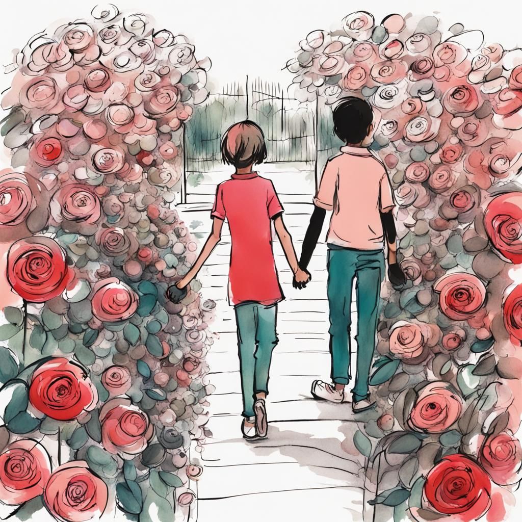 Ink and Color Sketch of Children in a Rose Garden