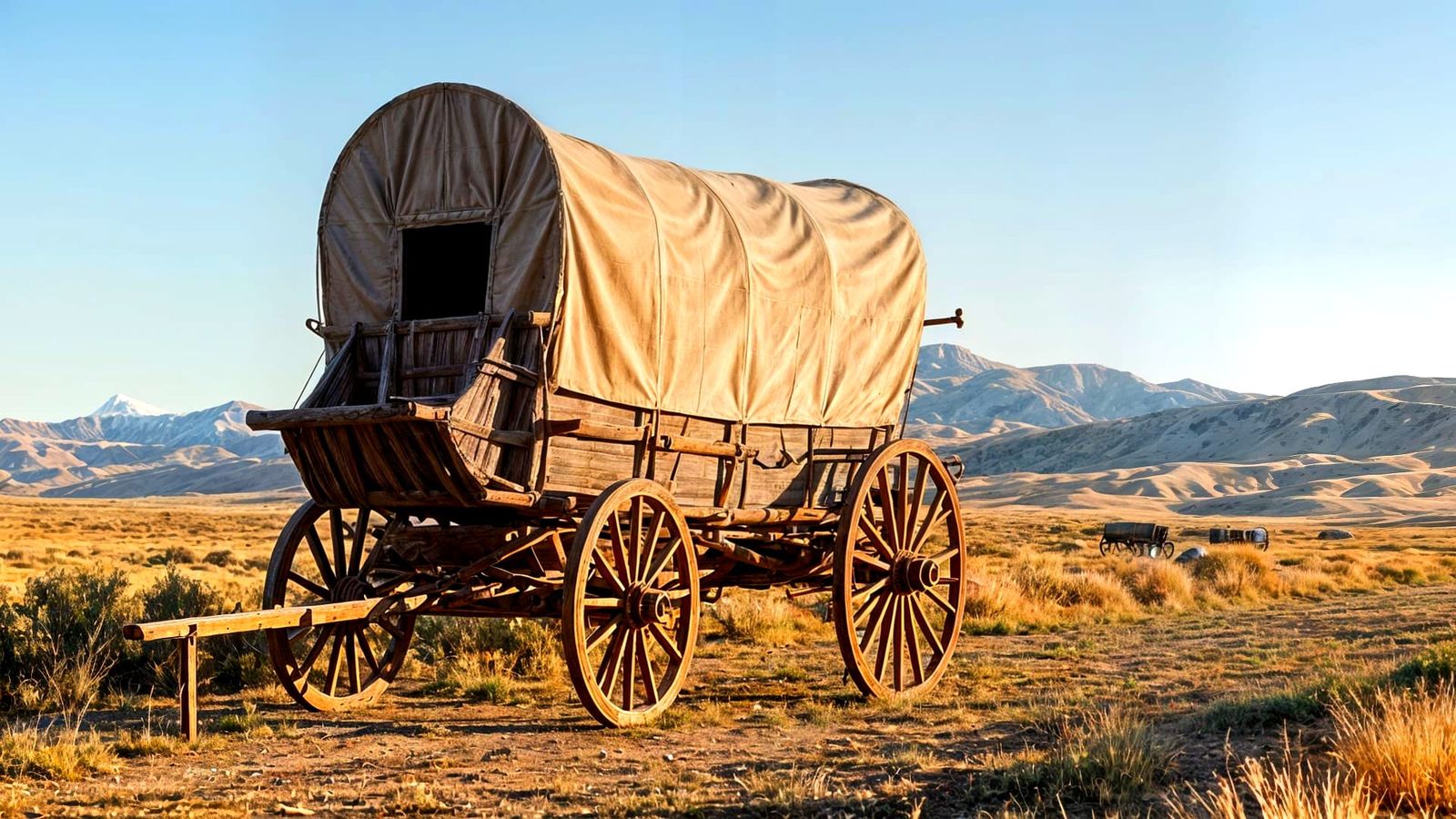 An old western conestoga wagon on the Oregon trail.