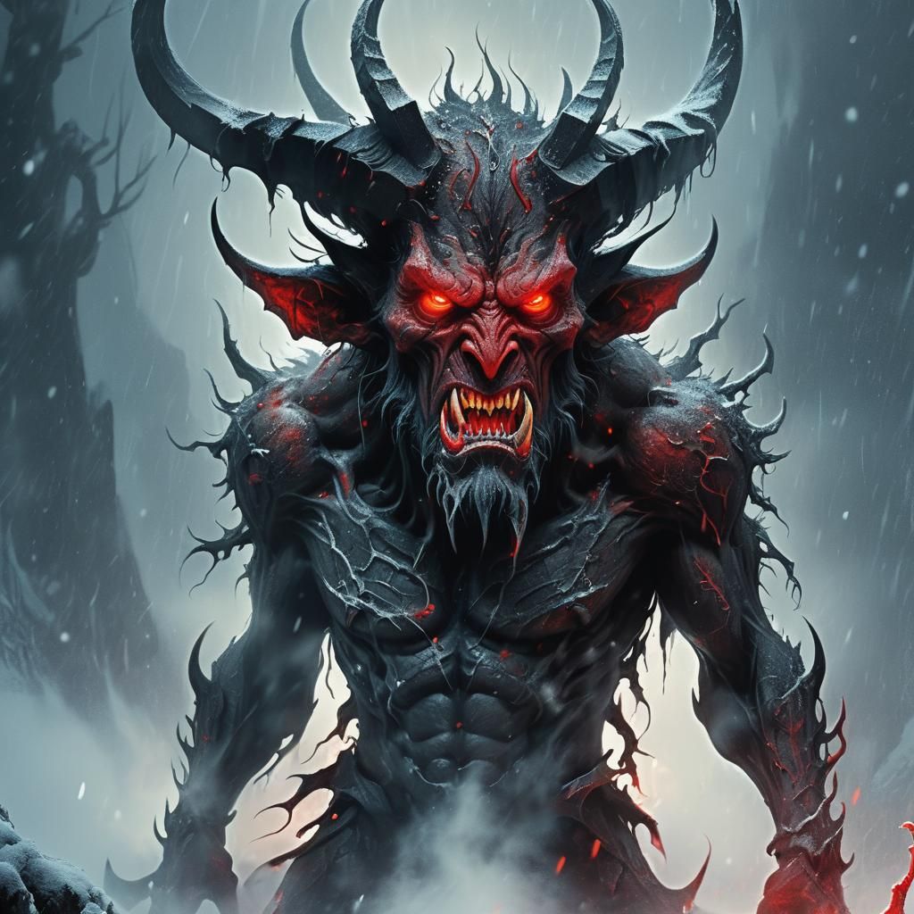 Menacing Devil in Snowstorm: Dark Fantasy Art
