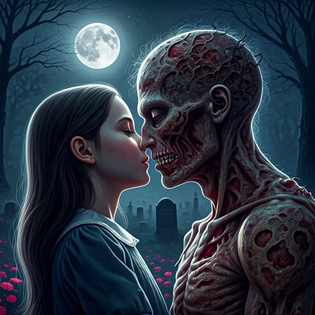 Romantic Zombie Kiss in Cemetery at Night