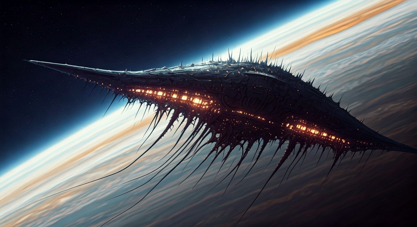 Luminescent Alien Spaceship Drifting Through Jupiter's Atmos...