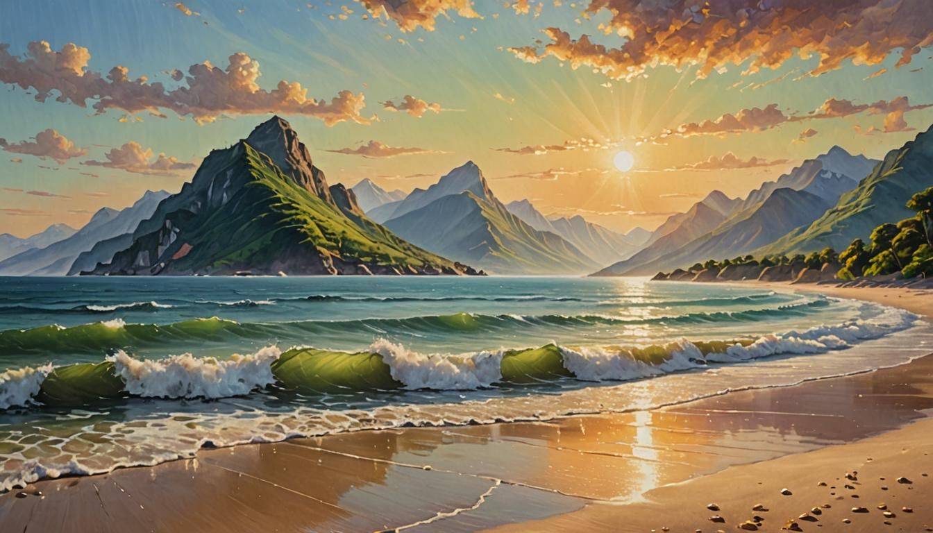 Majestic Mountains Meet Serene Sea: Oil Painting