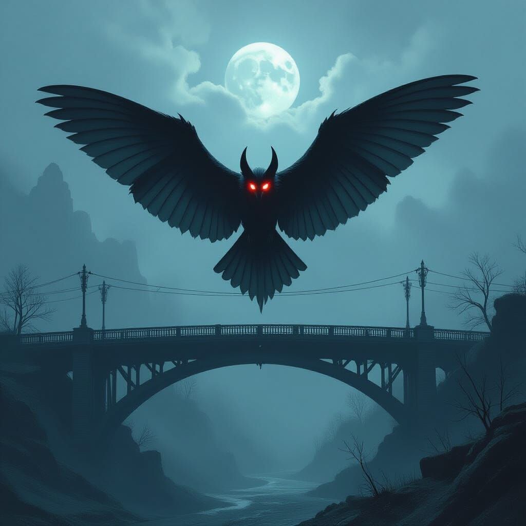 Mothman Creature on Foggy Bridge Under Stormy Sky