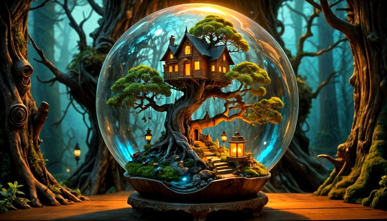 Whimsical Bonsai Tree in a Glass Bottle Treehouse