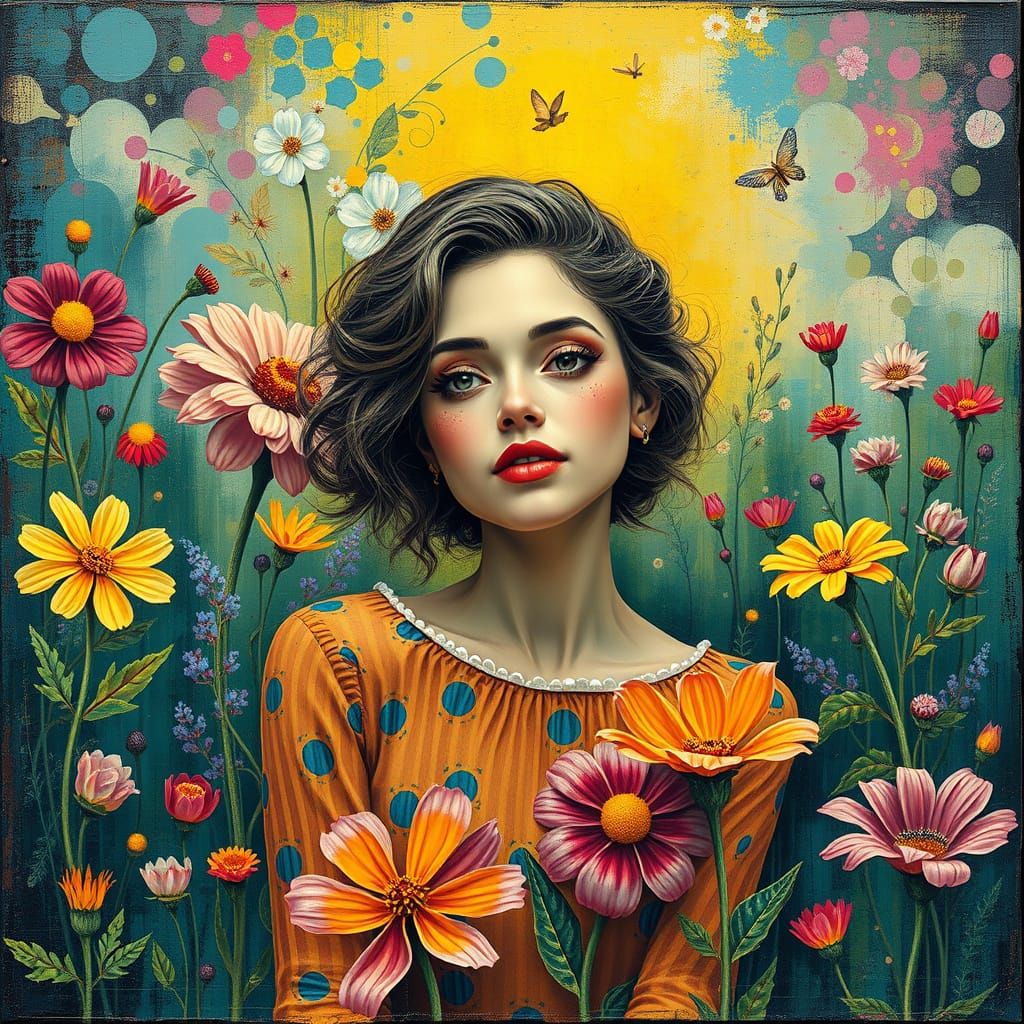 Whimsical Woman in Surreal Flower Garden