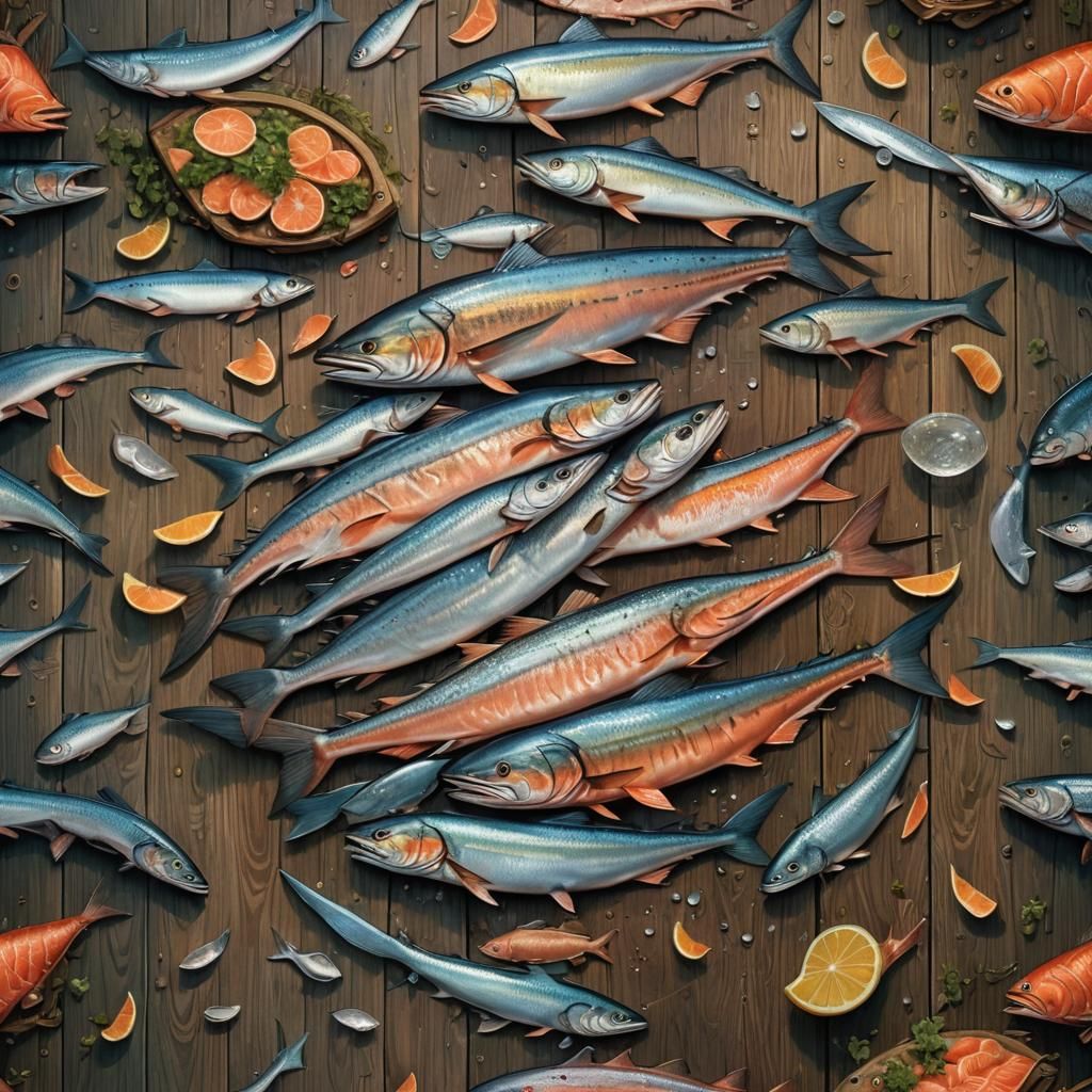 Swordfish and Salmon Still Life as Oil Painting