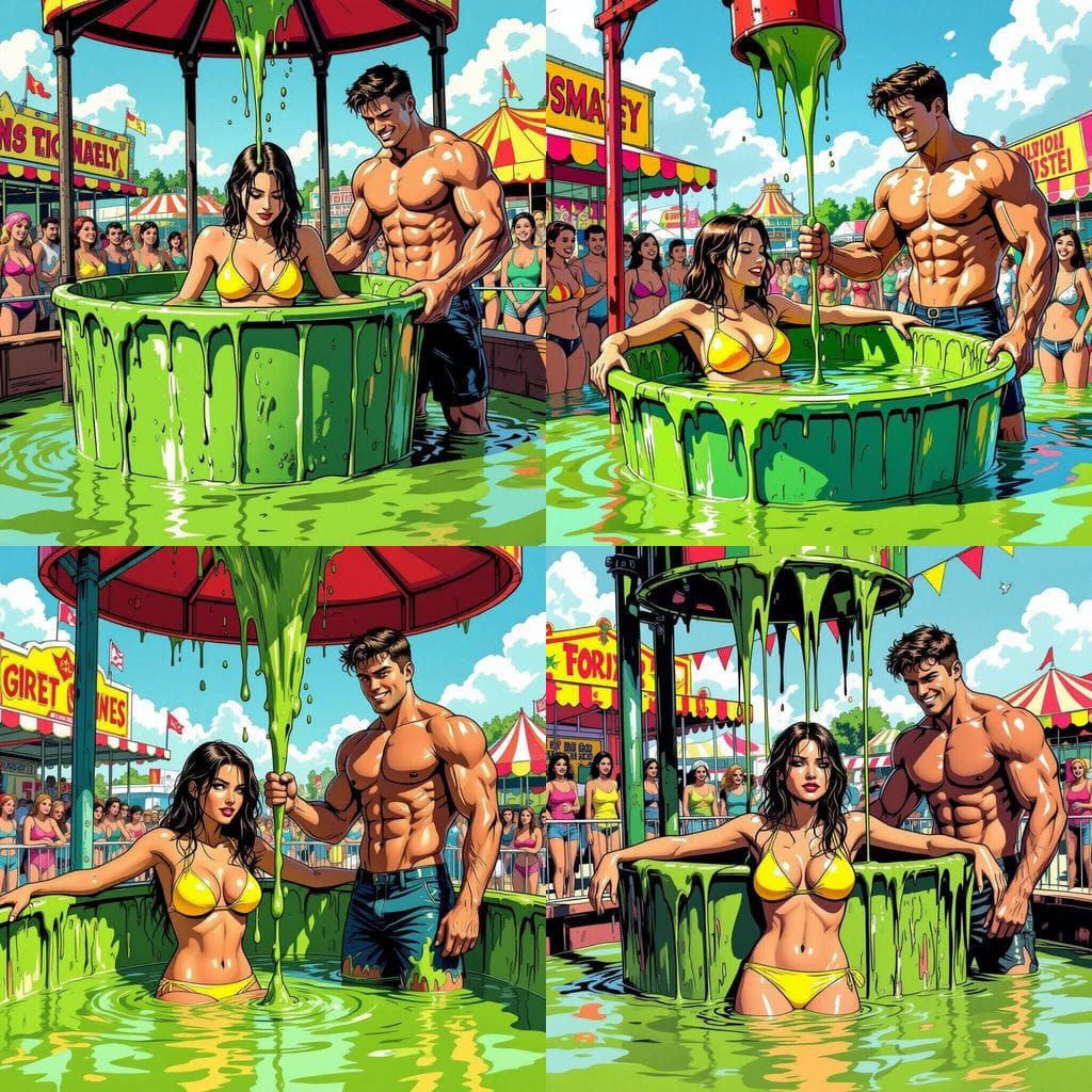 Woman Dunked in Gunk at Fairground in Comic Style