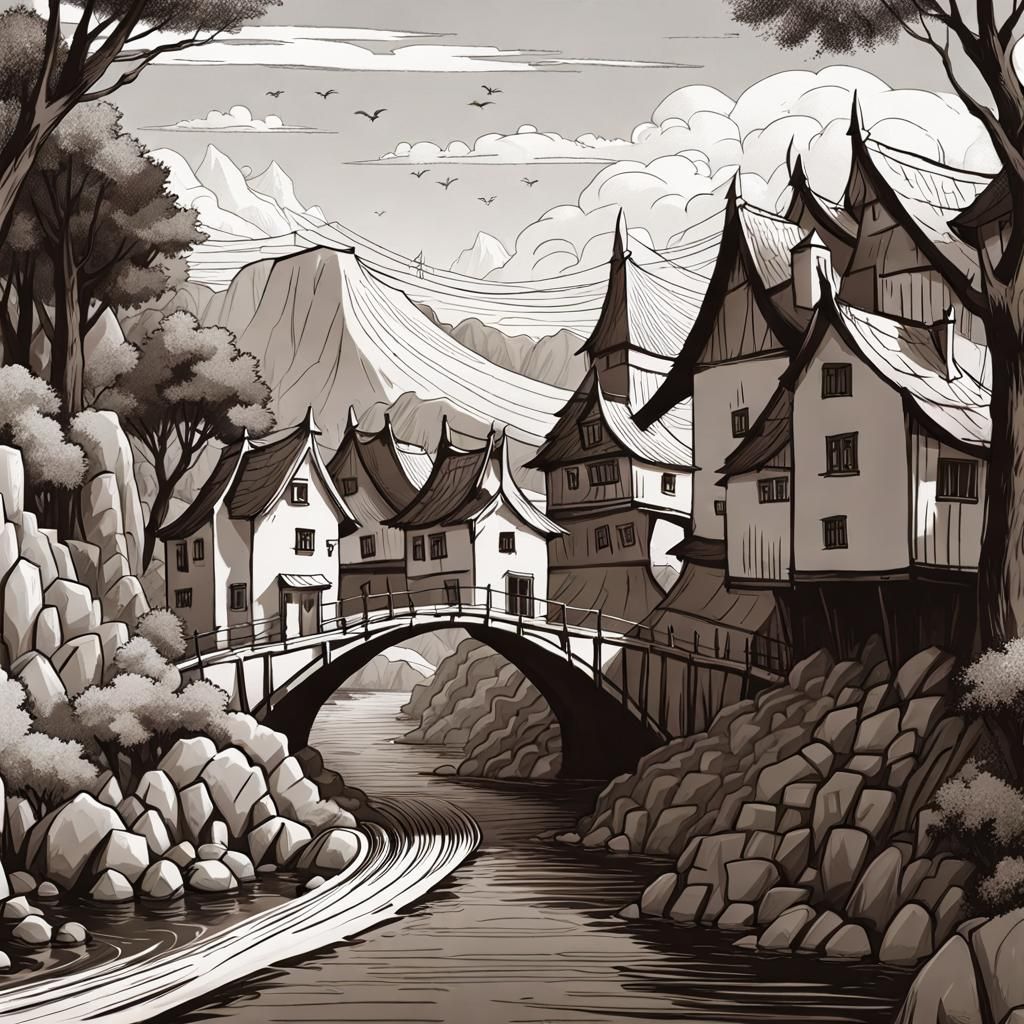 Line drawing, village at a river, medevial bridge #4