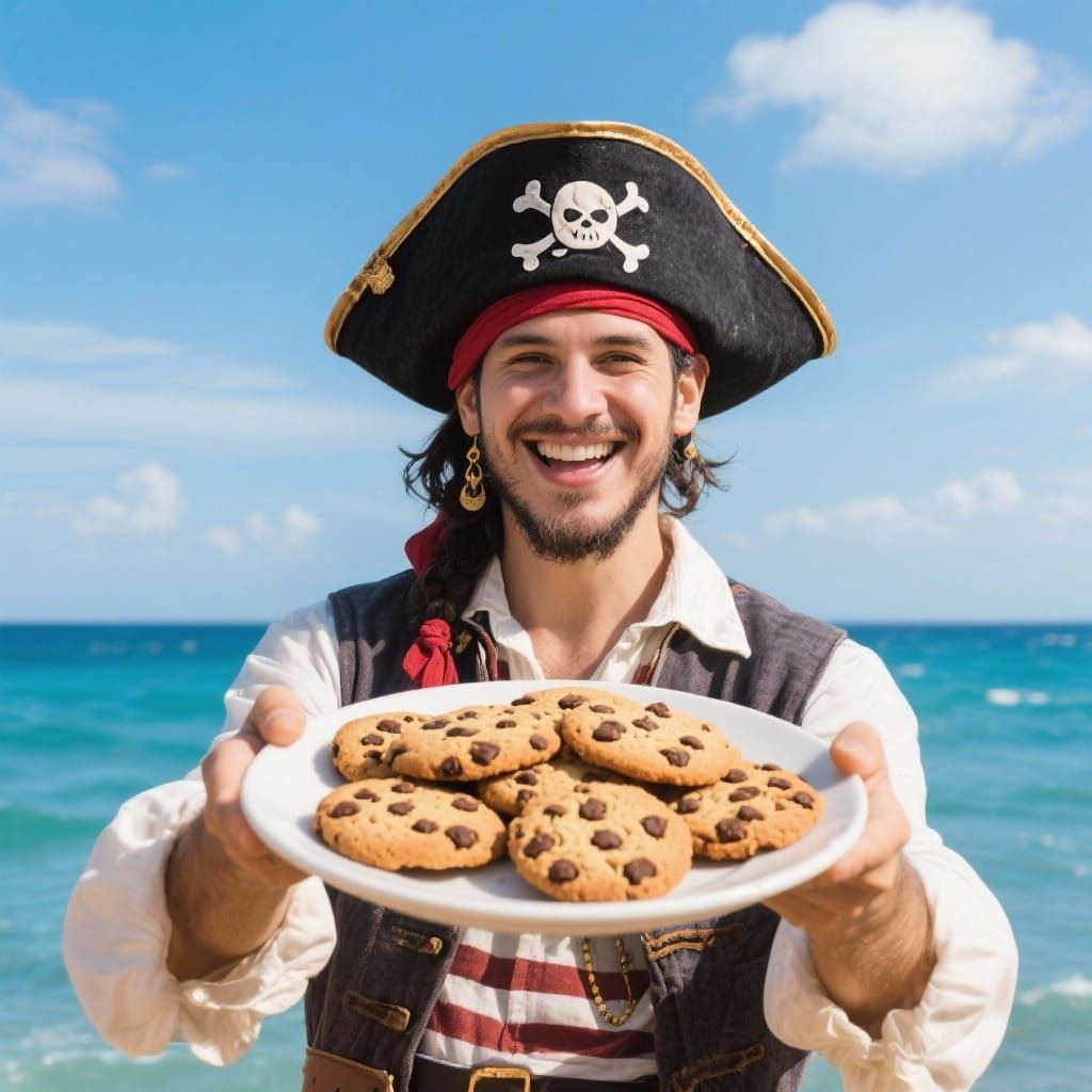 Joyful Pirate With Cookies on Sunny Ocean Background