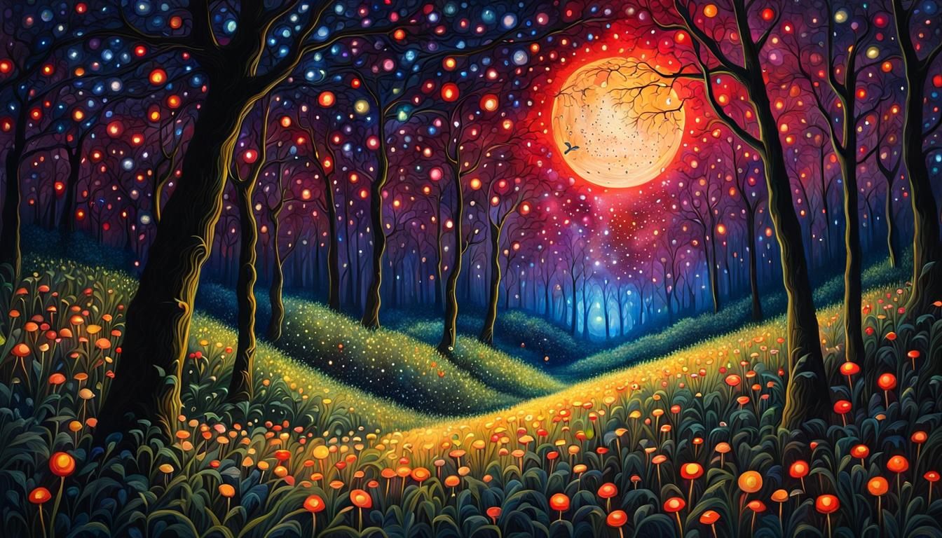 Firefly Swarm Under Blood Moon: Watercolor Painting