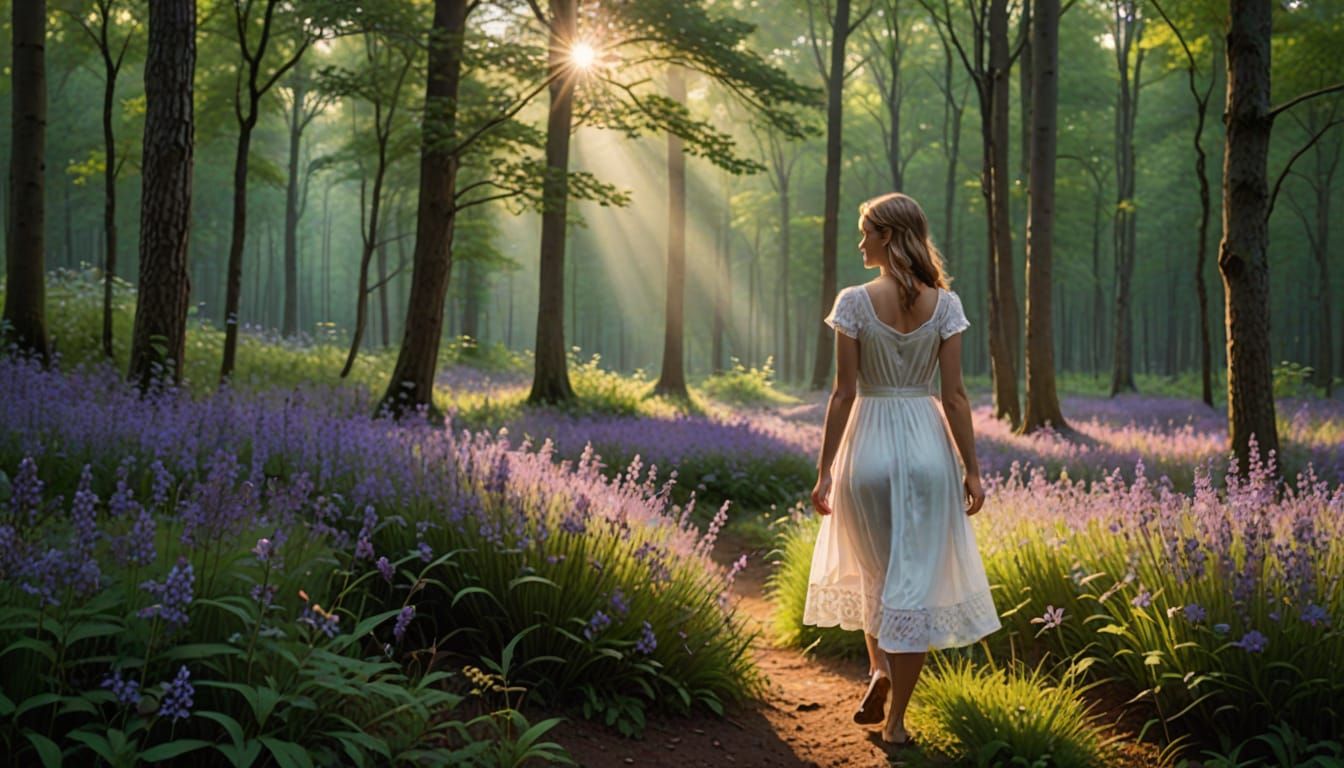 Girl Walking in Violet Forest Clearing at Golden Hour