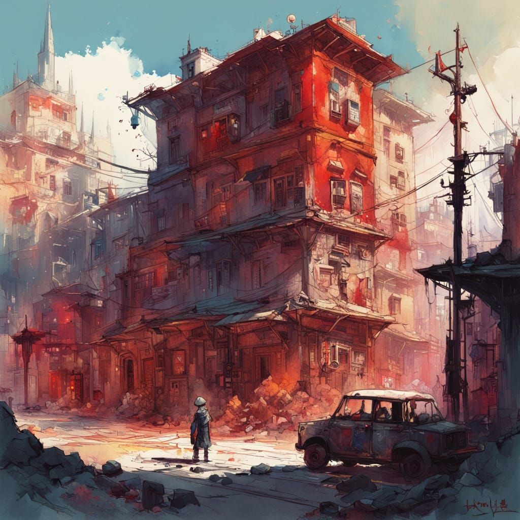 Hyperdetailed Alien Red Town in Watercolor Style