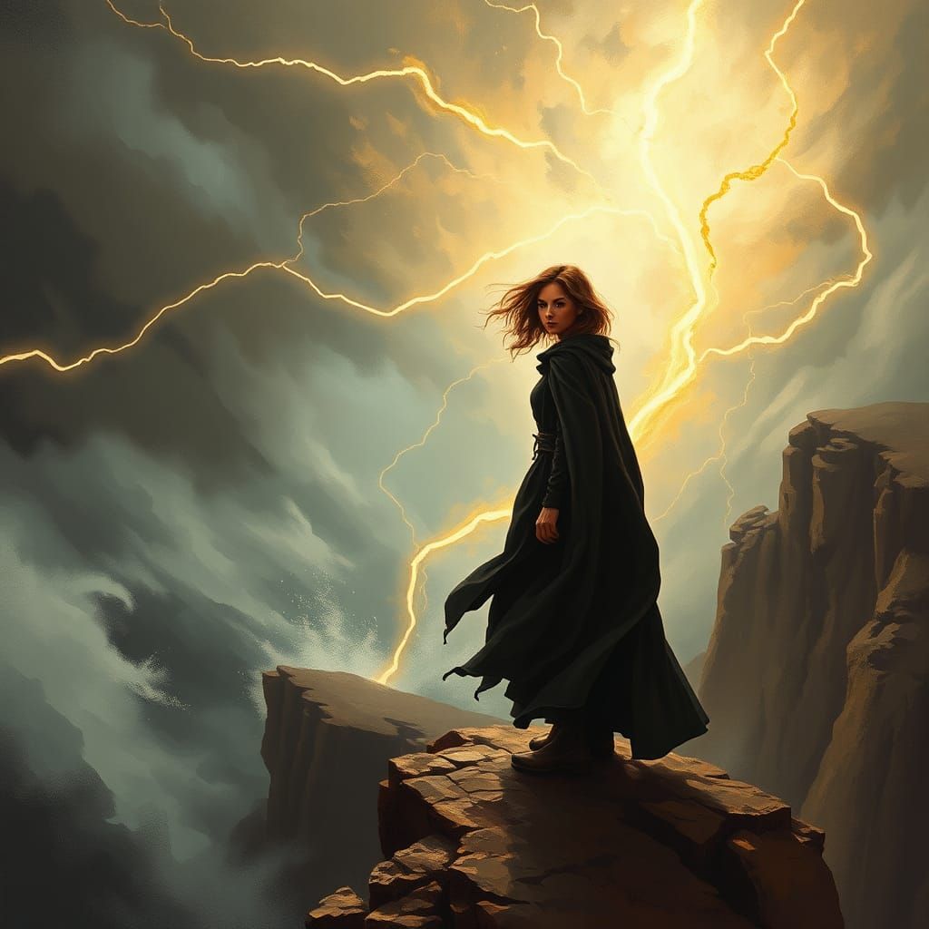 Electric Woman on Stormy Cliff: Dramatic Art