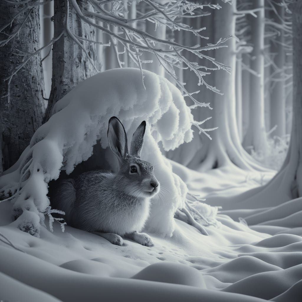 Monochromatic Winter Hare: A Hyper-Realistic Photograph