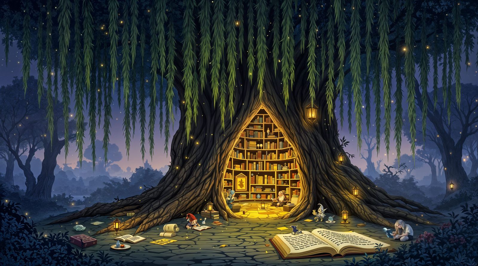 Whispering Willow Library Sanctuary in a Mystical Forest