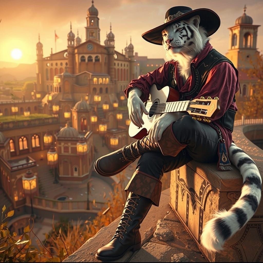 Regal White Tiger Tabaxi Bard in Sunset Reverie with Guitar