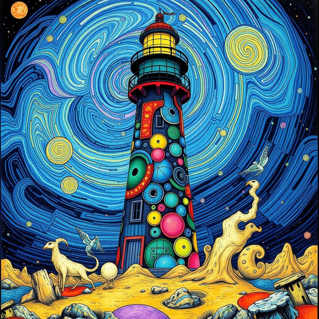 Vibrant Lighthouse in Maximalist Surrealism Style
