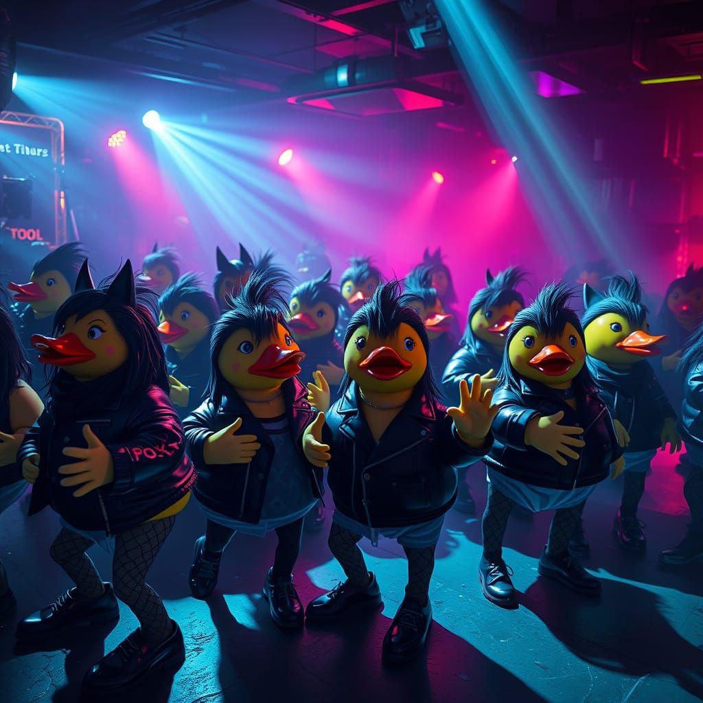 Goth Rubber Ducks Rock Out in a Dark, Futuristic Nightclub