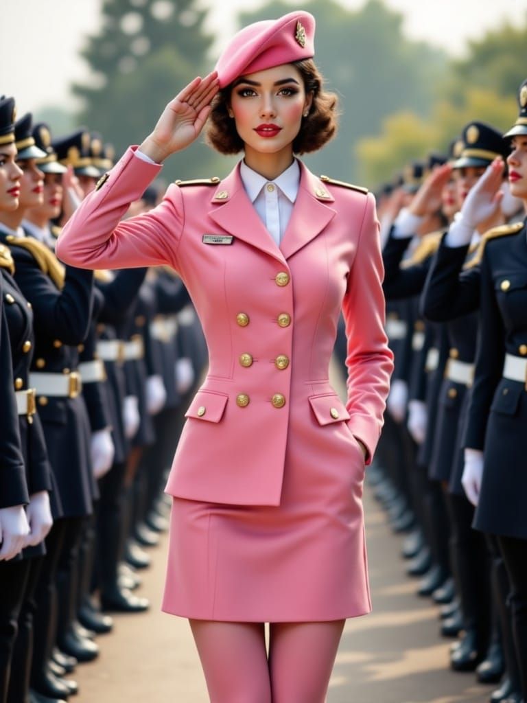 Serious Female Military General Inspects Cadets in Pink Unif...