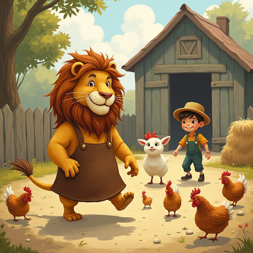 Friendly Lion Tames Escaped Hens in Cozy Farmyard Scene