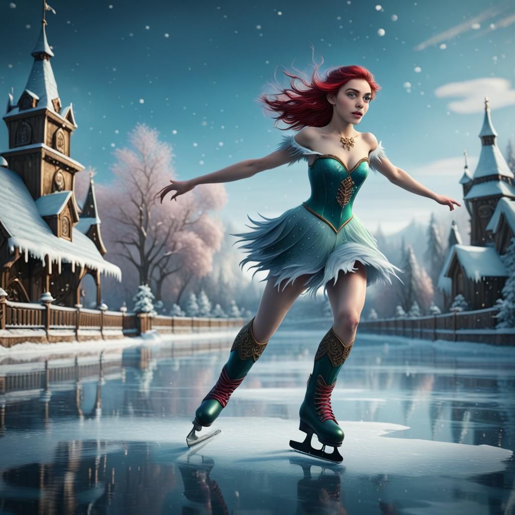 Ariel Ice Skating: Detailed Fantasy Art