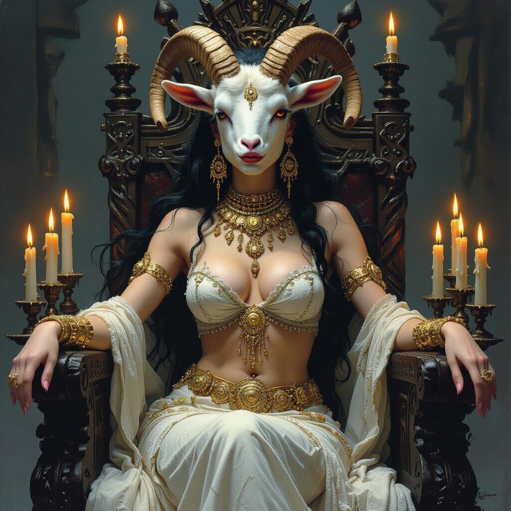Goat-Headed Woman on Throne in Mystical Setting