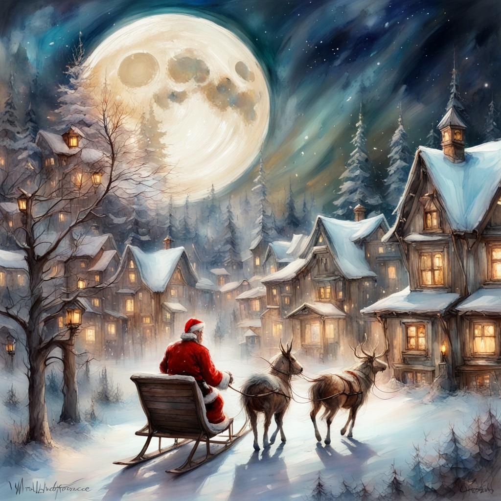 Christmas Town Scene with Santa in Watercolor Style