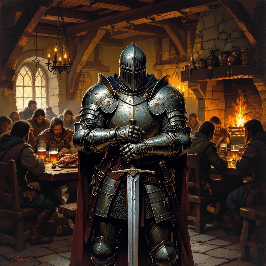 Knight in Tavern, Medieval Feast, Dramatic Lighting