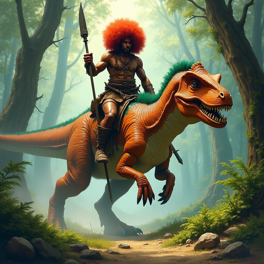 Warrior Rides Dinosaur Through Misty Forest, Fantasy Art