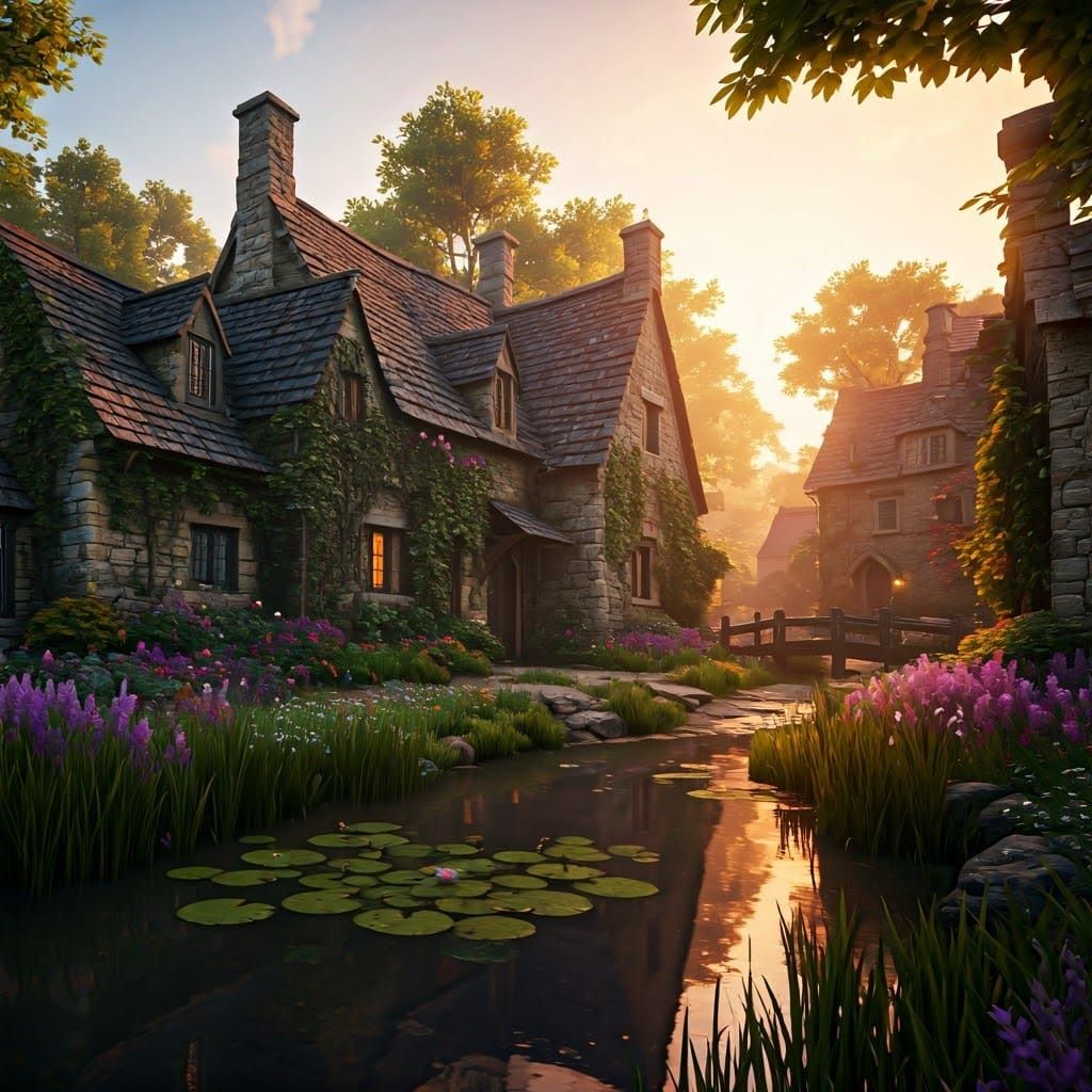 Whimsical Village of Stone Cottages and Gardens