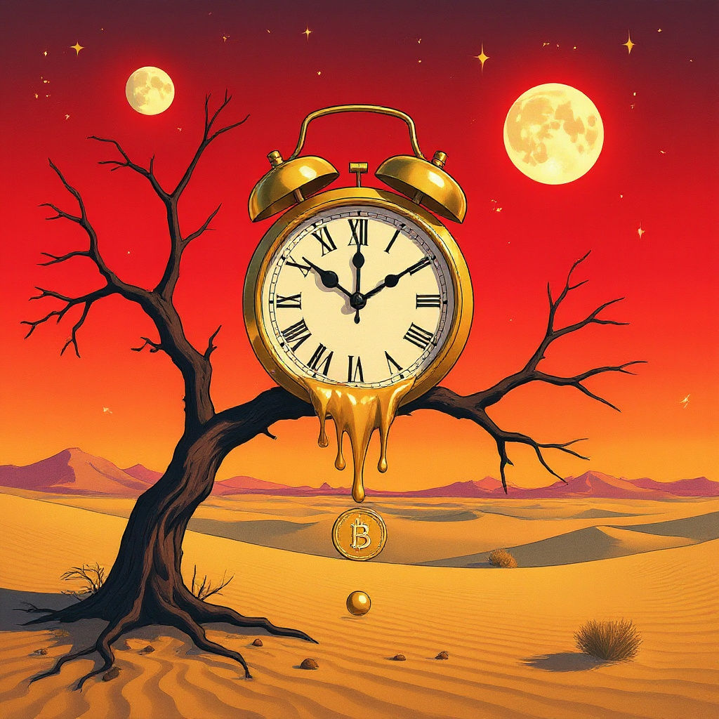 Melting Clock on Barren Branch in Desert Twilight