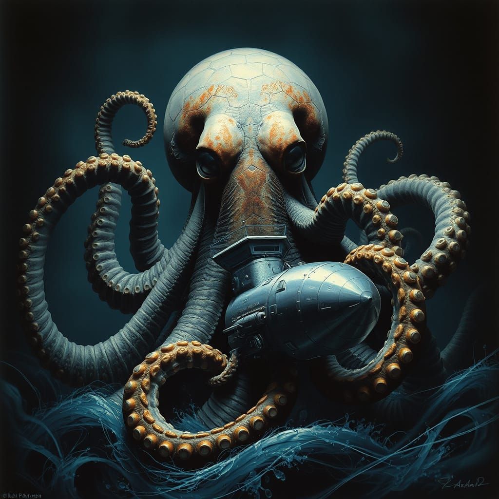 Giant Octopus Attacks Submarine in Biomechanical Style